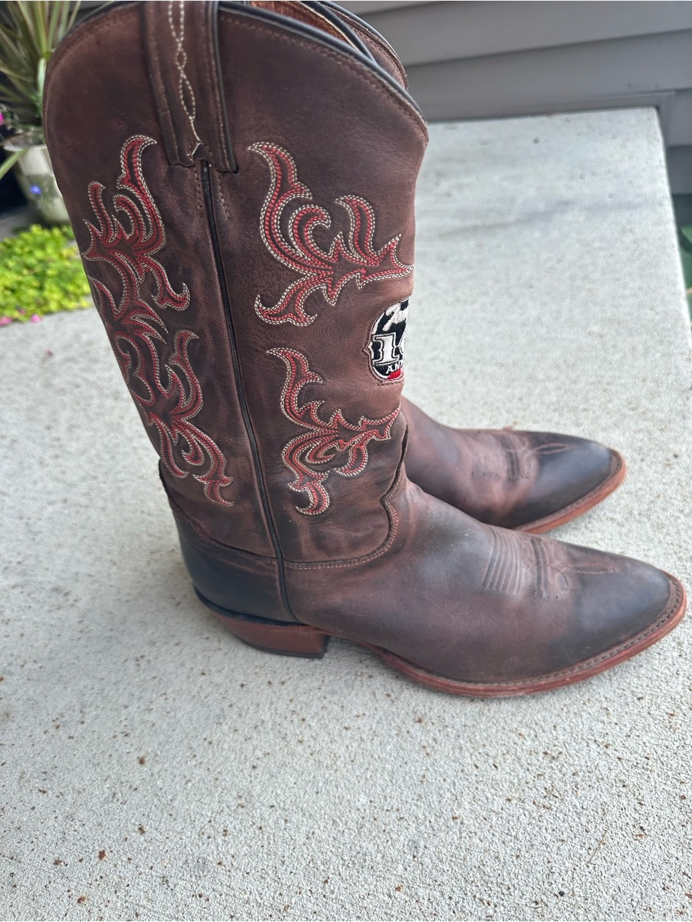 Tony Lama Brown  Leather Cowboy Boots with Red Stitching - Picture 2 of 4